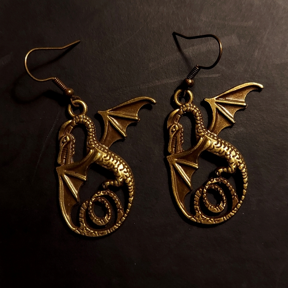 Handmade 2 inch Fantasy Gothic Bronze Dragon Earrings